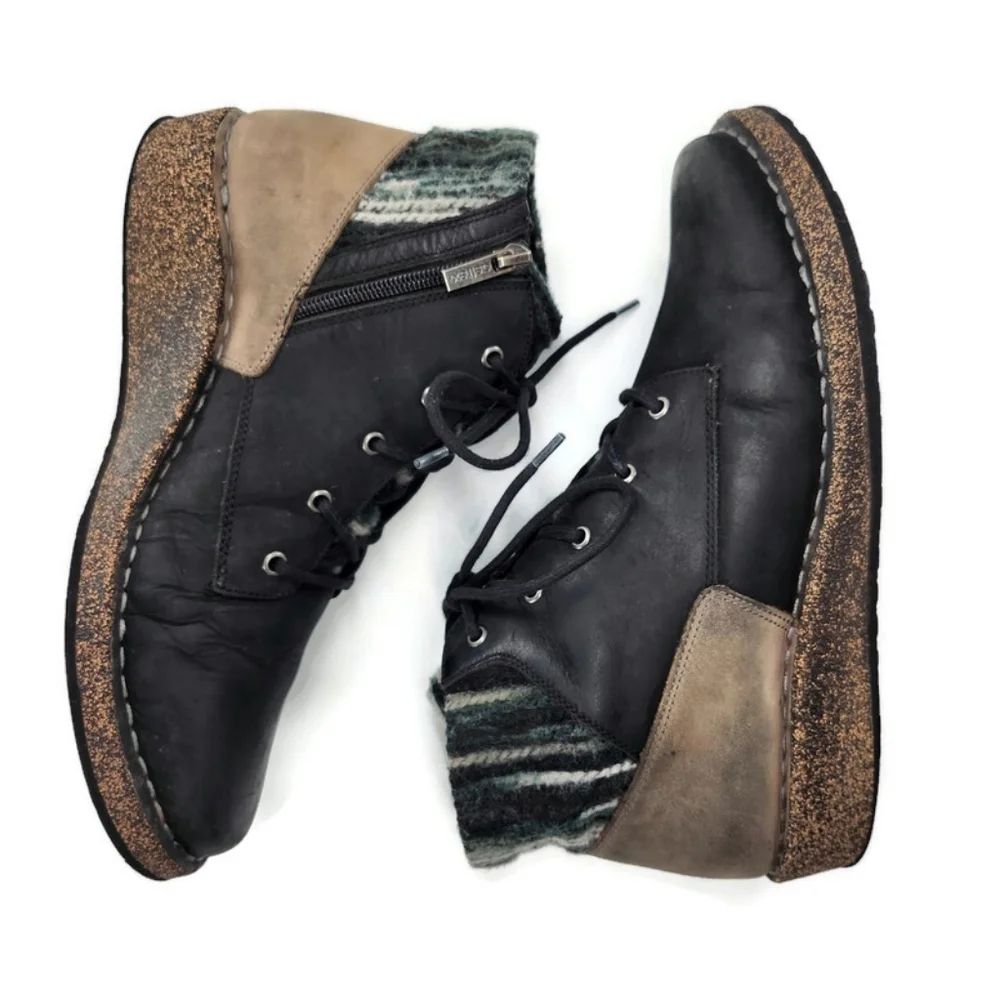 Aetrex Jolie Black Leather Black & Grey Sweater Lace-Up Round-Toe Ankle Boots